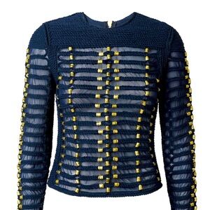 Gold Embellished Crew Neck Long Sleeve Blouse